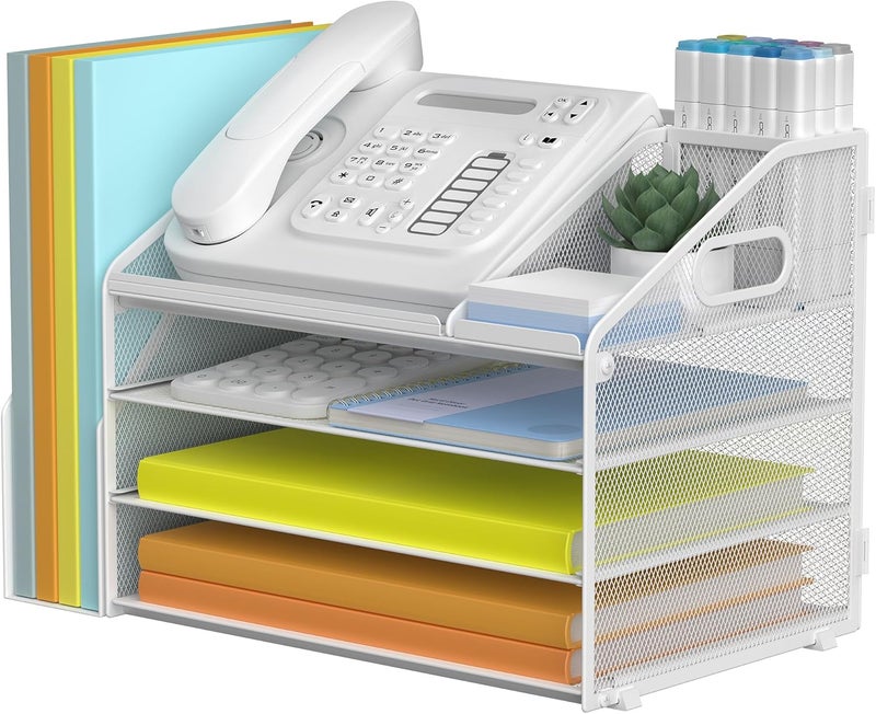 Docnest 4 Tier Paper Letter Tray File Organizer, Mesh Desk File with Handle, Workspace Desk Organizers with Pen Holder, Office Organization Storage Accessories - White - Image 1